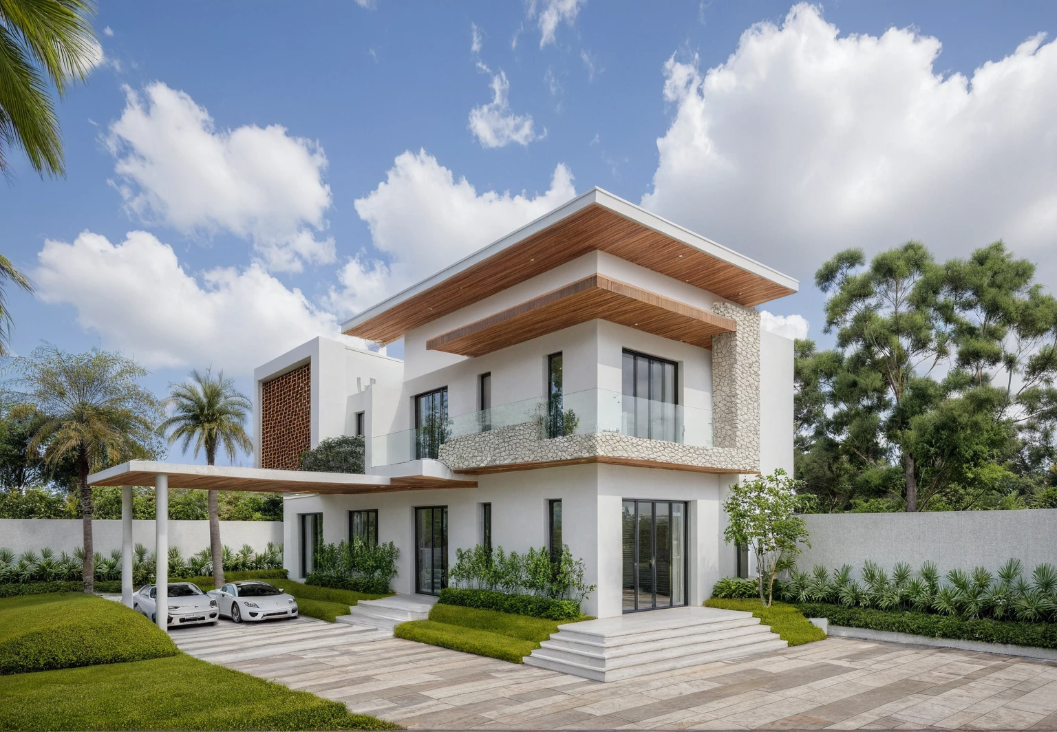 Masterpiece, high quality, best quality, authentic, super detail, outdoors, onestoreyvillaXL, aiai, aiaigroup, The first floor wall is covered with stone,  house style modern on the street ,stairs, white wall ,road,pavement, grass, trees, sky, cloud, (daylight:1.1)
