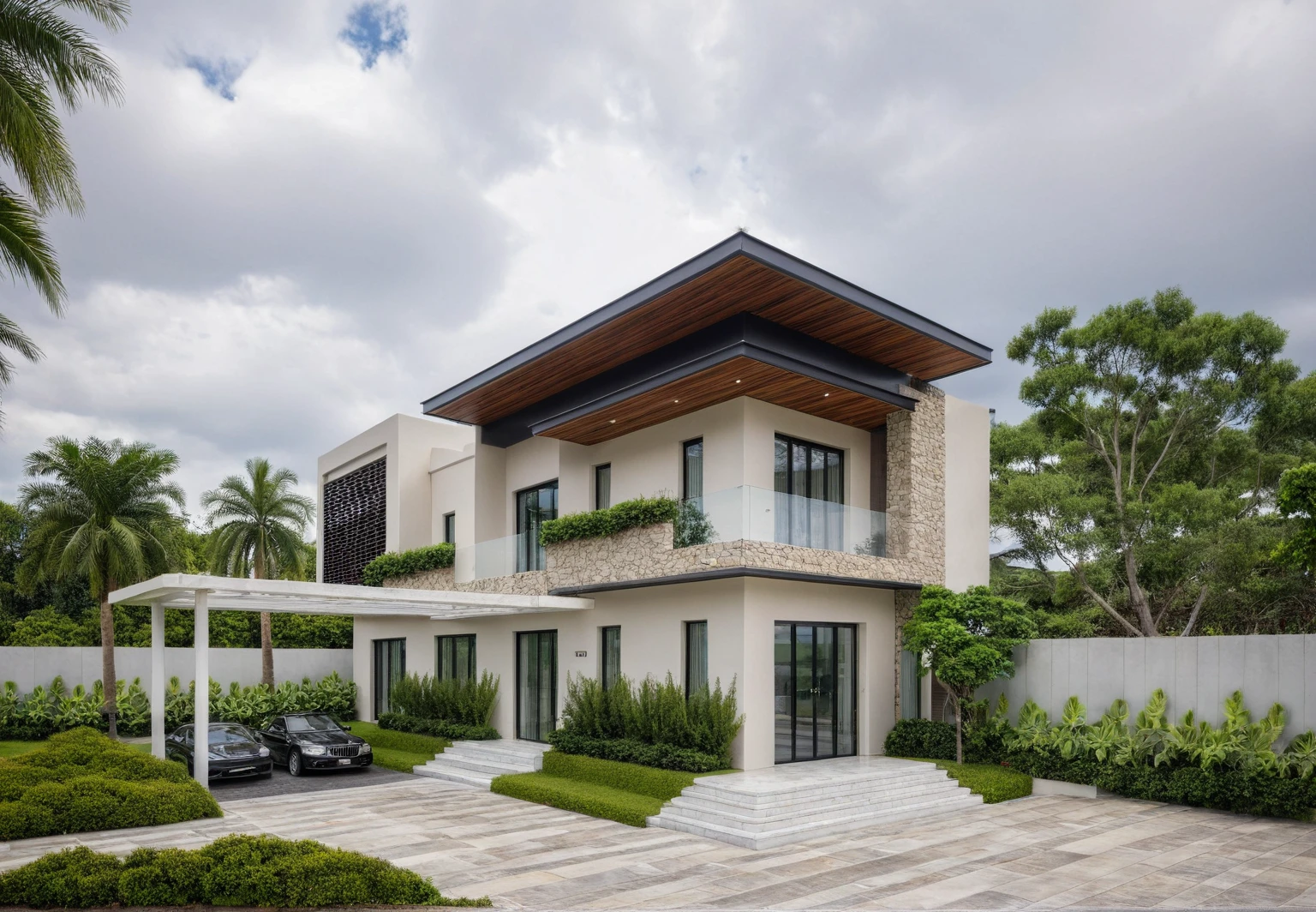 Masterpiece, high quality, best quality, authentic, super detail, outdoors, onestoreyvillaXL, aiai, aiaigroup, The first floor wall is covered with stone, house style modern on the street ,stairs, white wall ,road,pavement, grass, trees, sky, cloud, (daylight:1.1)
