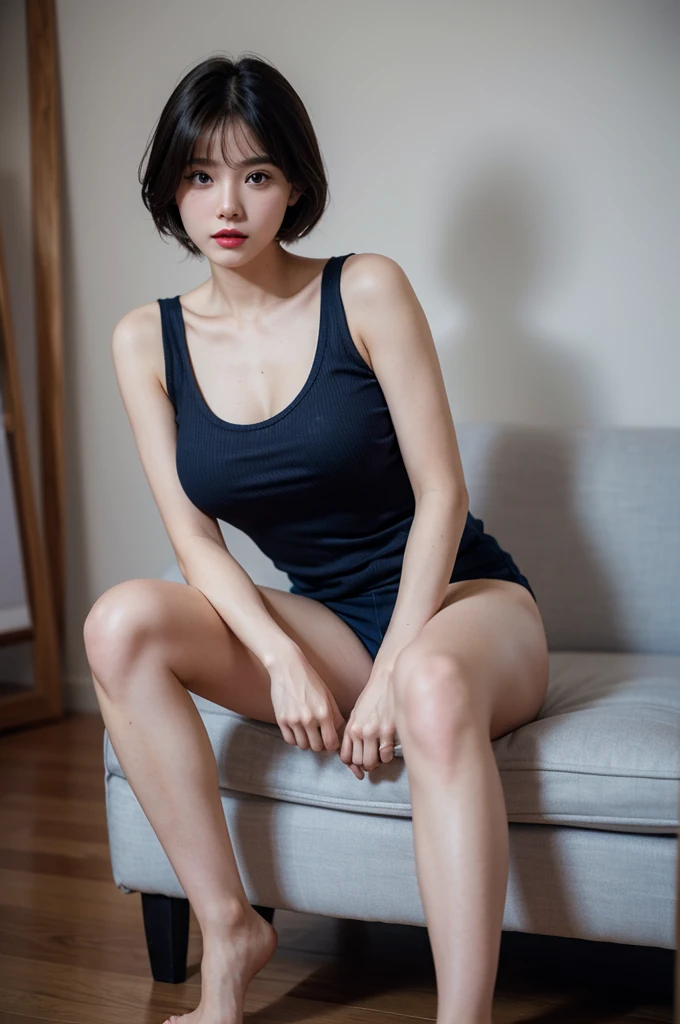 A very cute girl, solo, young, wearing navy tank top and short pants, big breasts, white and smooth skin, full body, medium hairs, red lip, at studio, realistic face