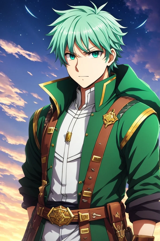 Highest quality, masterpiece, High resolution, alone, (Fire emblem),(FE Heroes_fin),Evening sky_background,Middle Age_male,(smug face),(green_Hair Color), (Eye color_dark blue),4K, masterpiece,, alone, 1,whole body,looking at the camera, Fumaru,(green_coat)Sharp Eyes,(Full Finger), (gun_Swing up), (The finer details), (Anatomically correct), (映画のbackground), Hyper Detail, (Subtle details), (Intricate details)