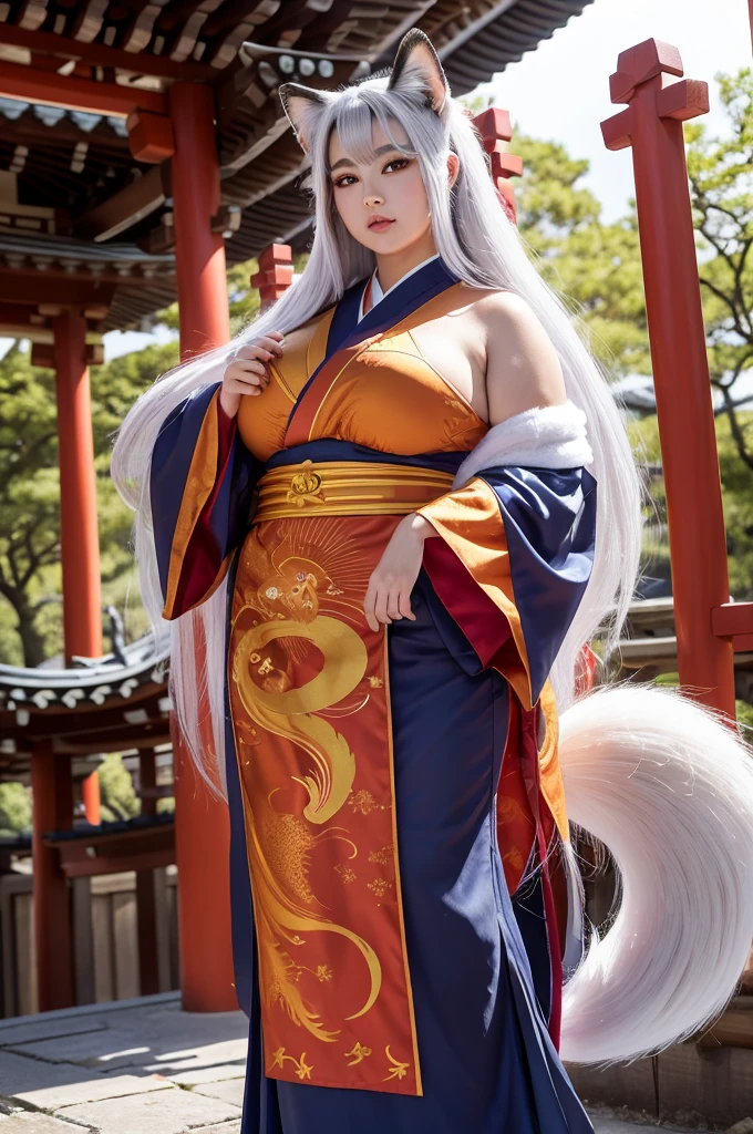 1. "A stunning, majestic female character named nine tail flower (Kyubi no Hana) with an extremely voluptuous, curvaceous, and ultra-chubby body. She has long silver hair, large golden eyes with slit pupils, and a face radiating elegance. She is dressed in a luxurious kimono with golden embroidery and a fox crest on the obi. Behind her, nine large, glowing, and majestic tails spread out gracefully, each tail emphasizing her supernatural beauty and power."
2. "Kyubi no Hana stands in front of an ancient Shinto shrine deep in the mountains, surrounded by blooming cherry trees. Her extremely voluptuous, curvaceous, and ultra-chubby figure exudes overwhelming power and grace. Nine large, glowing tails spread out behind her, each tail emphasizing her divine presence. Soft light particles float around her, symbolizing her immense power. At night, her nine tails emit a mystical glow, enveloping the shrine in an ethereal light."
3. "Kyubi no Hana, with her extremely voluptuous, curvaceous, and ultra-chubby body, stands with authority and kindness in front of a majestic shrine. Her nine large, glowing tails create an ethereal atmosphere as she raises her hand to form a spiritual barrier, protecting the shrine from evil. The nine tails behind her are a clear and powerful symbol of her supernatural strength and beauty."