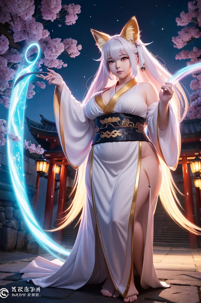 1. "A stunning, majestic female character named nine tail flower (Kyubi no Hana) with an extremely voluptuous, curvaceous, and ultra-chubby body. She has long silver hair, large golden eyes with slit pupils, and a face radiating elegance. She is dressed in a luxurious kimono with golden embroidery and a fox crest on the obi. Behind her, nine large, glowing, and majestic tails spread out gracefully, each tail emphasizing her supernatural beauty and power."

2. "Kyubi no Hana stands in front of an ancient Shinto shrine deep in the mountains, surrounded by blooming cherry trees. Her extremely voluptuous, curvaceous, and ultra-chubby figure exudes overwhelming power and grace. Nine large, glowing tails spread out behind her, each tail emphasizing her divine presence. Soft light particles float around her, symbolizing her immense power. At night, her nine tails emit a mystical glow, enveloping the shrine in an ethereal light."

3. "Kyubi no Hana, with her extremely voluptuous, curvaceous, and ultra-chubby body, stands with authority and kindness in front of a majestic shrine. Her nine large, glowing tails create an ethereal atmosphere as she raises her hand to form a spiritual barrier, protecting the shrine from evil. The nine tails behind her are a clear and powerful symbol of her supernatural strength and beauty."