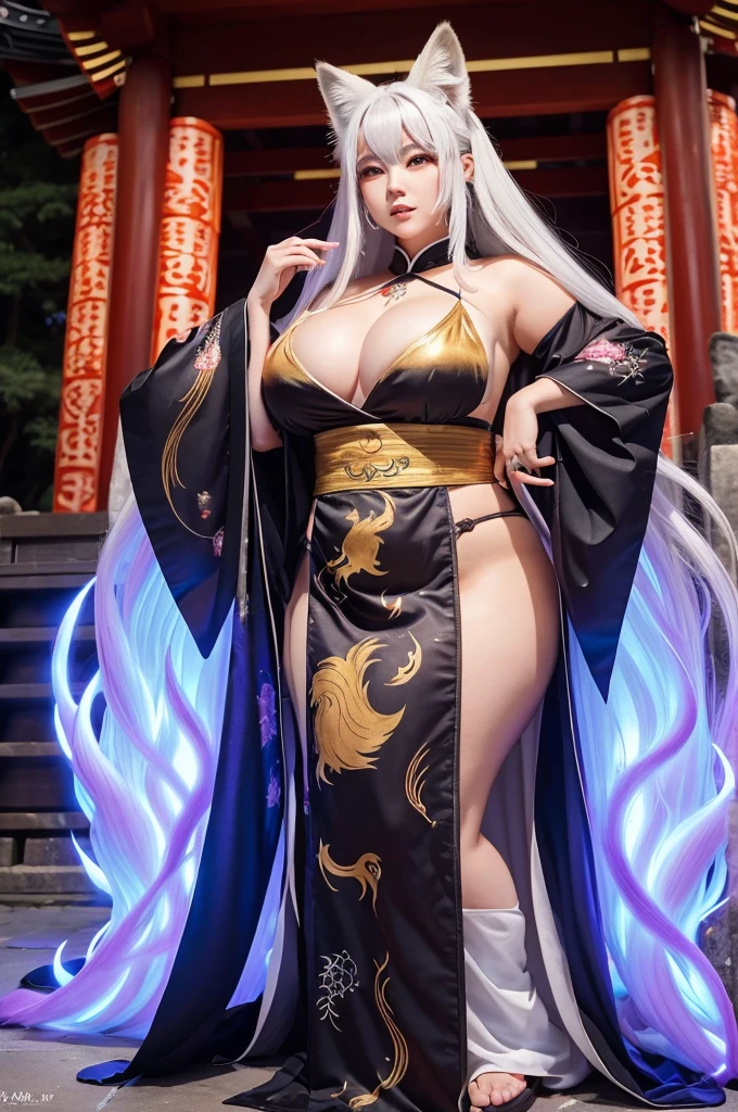 1. "A stunning, majestic female character named nine tail flower (Kyubi no Hana) with an extremely voluptuous, curvaceous, and ultra-chubby body. She has long silver hair, large golden eyes with slit pupils, and a face radiating elegance. She is dressed in a luxurious kimono with golden embroidery and a fox crest on the obi. Behind her, nine large, glowing, and majestic tails spread out gracefully, each tail emphasizing her supernatural beauty and power."

2. "Kyubi no Hana stands in front of an ancient Shinto shrine deep in the mountains, surrounded by blooming cherry trees. Her extremely voluptuous, curvaceous, and ultra-chubby figure exudes overwhelming power and grace. Nine large, glowing tails spread out behind her, each tail emphasizing her divine presence. Soft light particles float around her, symbolizing her immense power. At night, her nine tails emit a mystical glow, enveloping the shrine in an ethereal light."

3. "Kyubi no Hana, with her extremely voluptuous, curvaceous, and ultra-chubby body, stands with authority and kindness in front of a majestic shrine. Her nine large, glowing tails create an ethereal atmosphere as she raises her hand to form a spiritual barrier, protecting the shrine from evil. The nine tails behind her are a clear and powerful symbol of her supernatural strength and beauty."