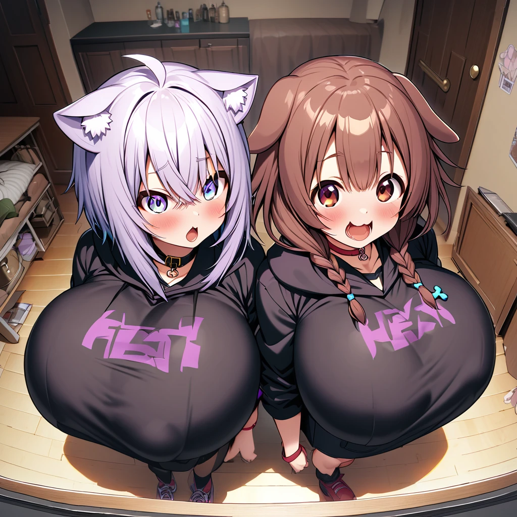 inugami korone,nekomata okayu,2girl,Females in heat,blush,open mouth,gigantic huge breasts,looking at viewer,Taken from the viewpoint above,upturned eyes,near,standing up,Lined up,house,in room