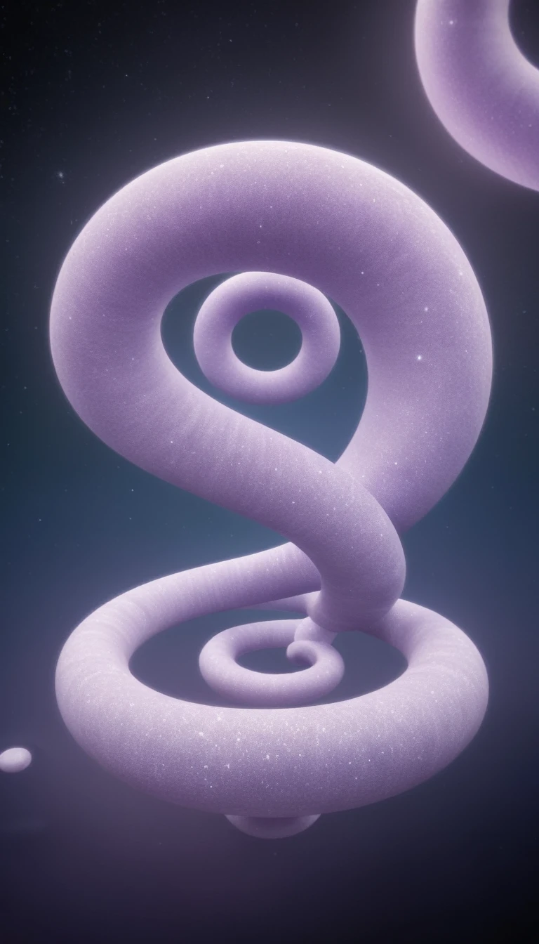Cute unidentified creature、A soft, pastel lavender body、Sparkly spiral corners、Floating softly、The background is the Rotorua region of New Zealand.、photograph、Highest quality、4K