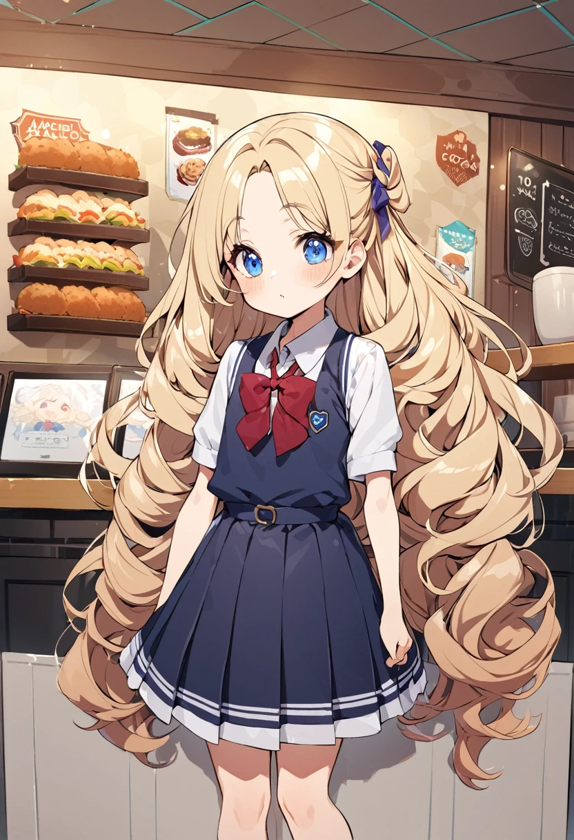 BREAK Perfect Anatomy、Highest quality、(cute:1.1)、(cute)、(High resolution:1.2)、Unbelievably absurd:1.3、Incredible illustrations、(cuteイラスト:1.2)、(Beautiful background、Coffee shop)1gial(Blonde hair and blue eyes、Wavy Hair(child,(a girl, dwarf, height 1.3meters, 30kg),,10-year-old,flat chest)(school uniform)Giga-sized cocoa sauce croquembouche and a girl