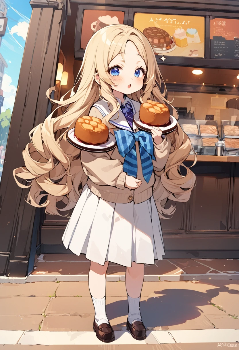 BREAK Perfect Anatomy、Highest quality、(cute:1.1)、(cute)、(High resolution:1.2)、Unbelievably absurd:1.3、Incredible illustrations、(cuteイラスト:1.2)、(Beautiful background、Coffee shop)1gial(Blonde hair and blue eyes、Wavy Hair(child,(a girl, dwarf, height 1.3meters, 30kg),,10-year-old,flat chest)(school uniform)Giga-sized cocoa sauce croquembouche and a girl
