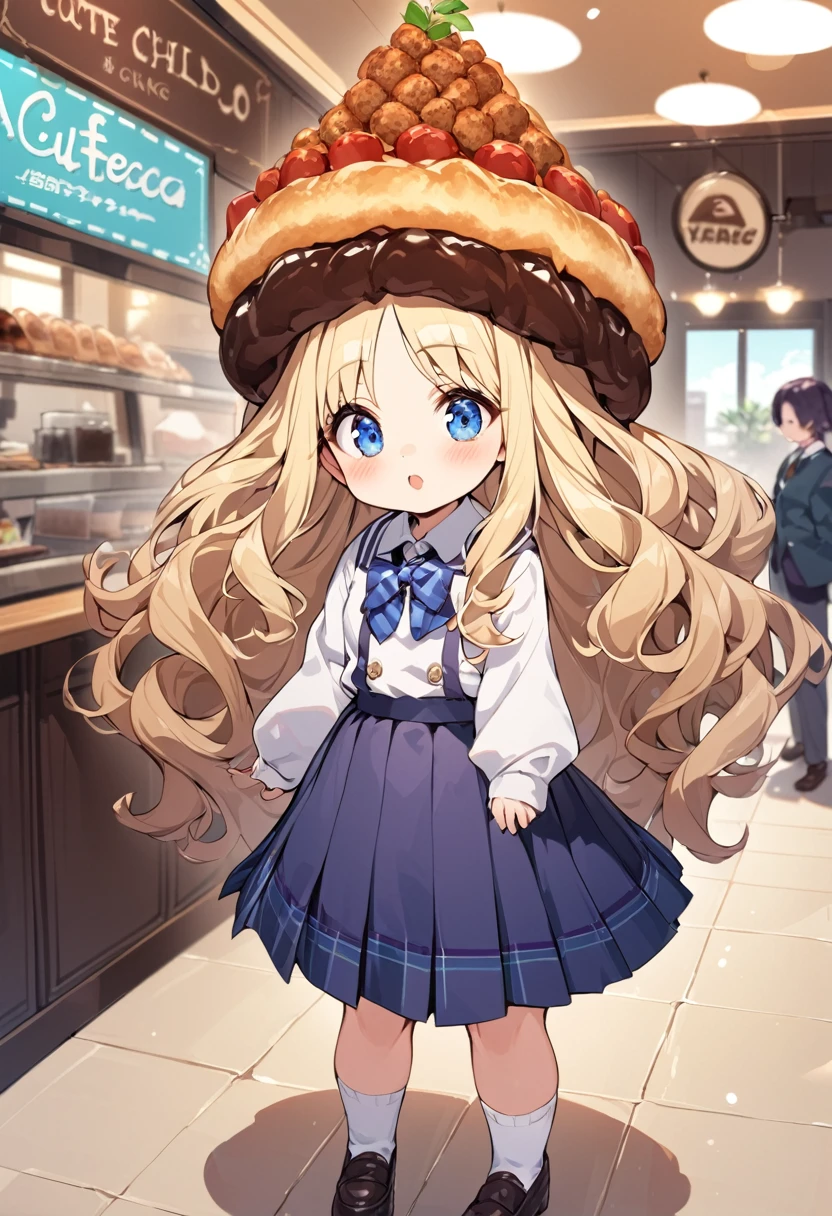 BREAK Perfect Anatomy、Highest quality、(cute:1.1)、(cute)、(High resolution:1.2)、Unbelievably absurd:1.3、Incredible illustrations、(cuteイラスト:1.2)、（Beautiful background、Coffee shop）1gial(Blonde hair and blue eyes、Wavy Hair(child,(a girl, dwarf, height 1.3meters, 30kg),,10-year-old,flat chest）（school uniform）Giga-sized cocoa sauce croquembouche and a girl