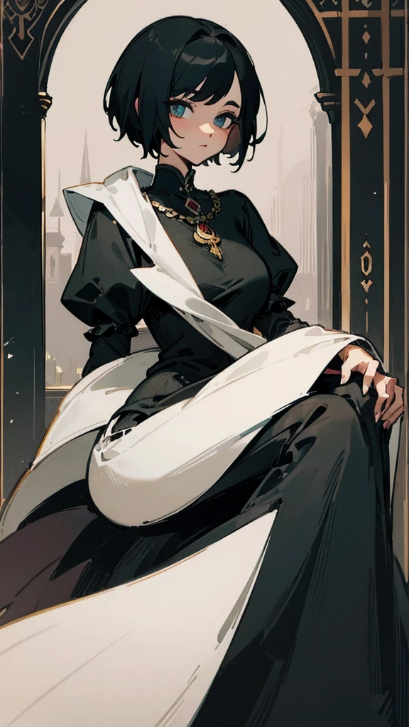 woman, medieval, fantasy, character, drawing, elegant, short hair, married, black dress, dark black, big eyes, mature