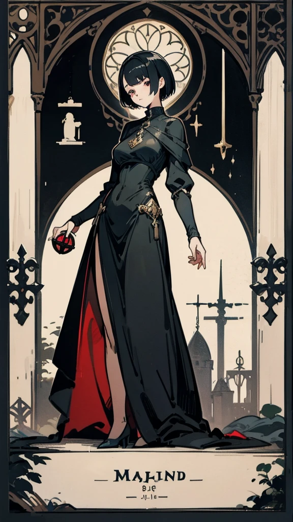 woman, medieval, fantasy, character, drawing, elegant, short hair, married, black dress, dark black, big eyes, mature