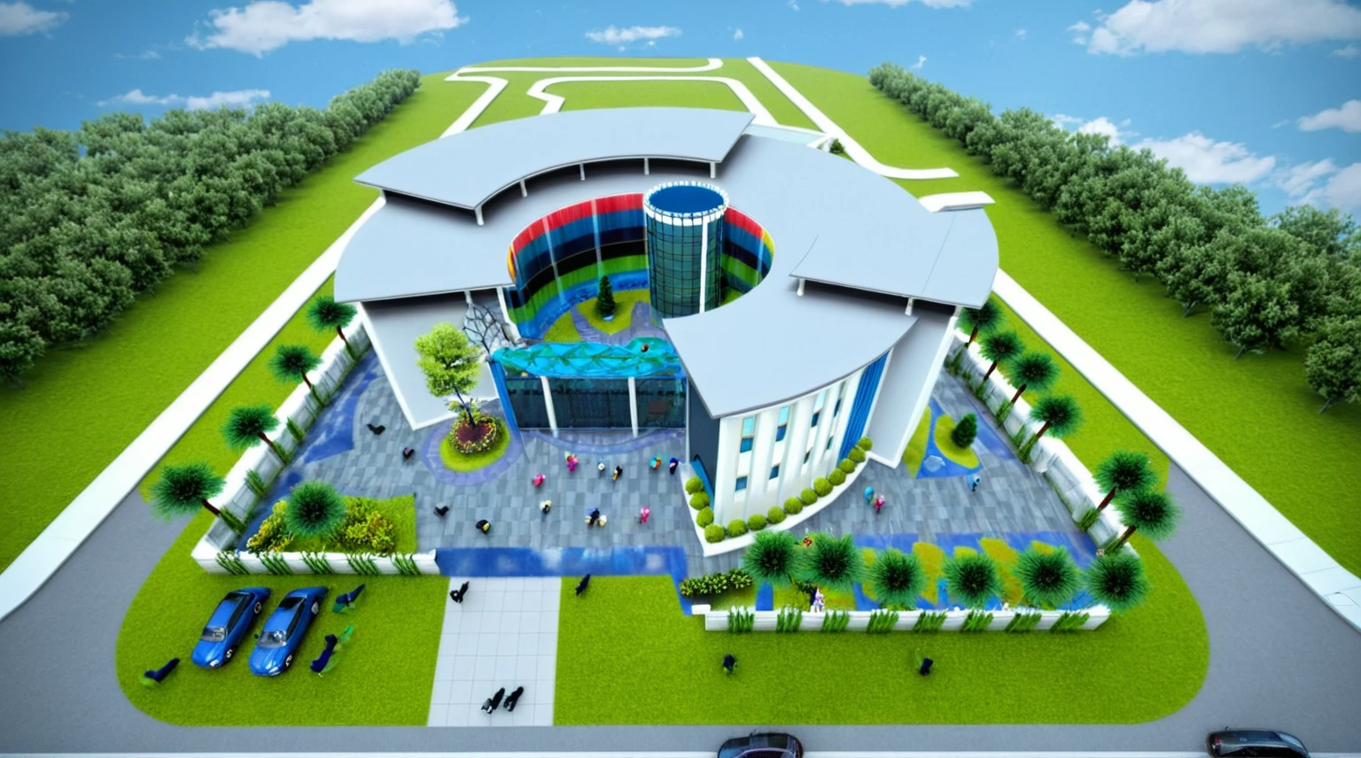 Masterpiece, high quality, best quality, authentic, super detail, outdoors, kindergarten style modern, white wall, glass windows, gate road, pavement, grass, trees, blue sky, cloud, (day:1.1), realistic lighting