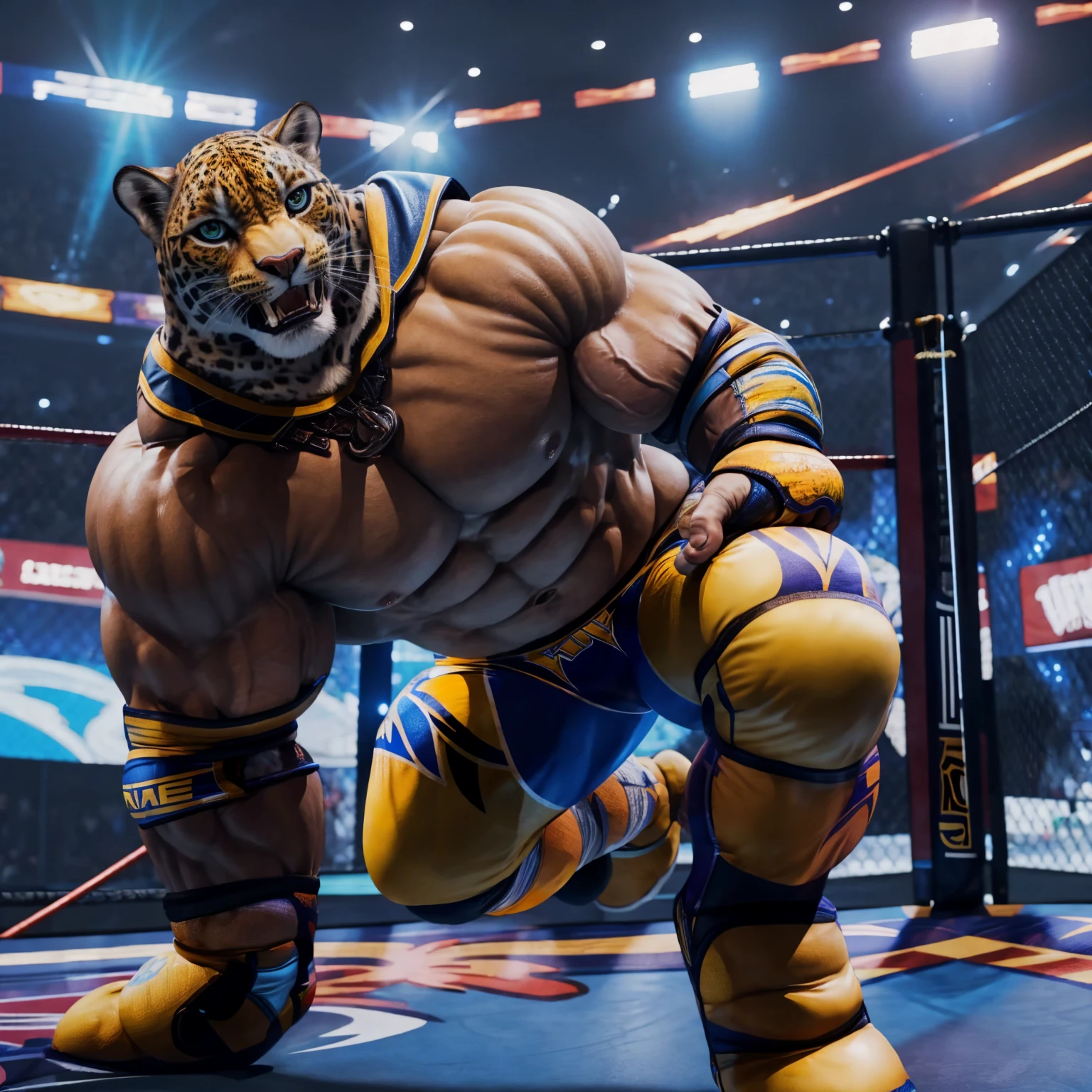 Solitary, male, male focus, king_Tekken 8, king from Tekken, Muscular male, Wrestling Clothes, Practical skin, nipple, vein, Handsome, detailed, detailed muscles, detailed eyes, detailed body, whole body, masterpiece, Movie, photoPractical, Practical, beautiful, ultra-Practical, 8K, light, dramatic light, Center, permanent, bending, posture, ((Wrestling Ring)),