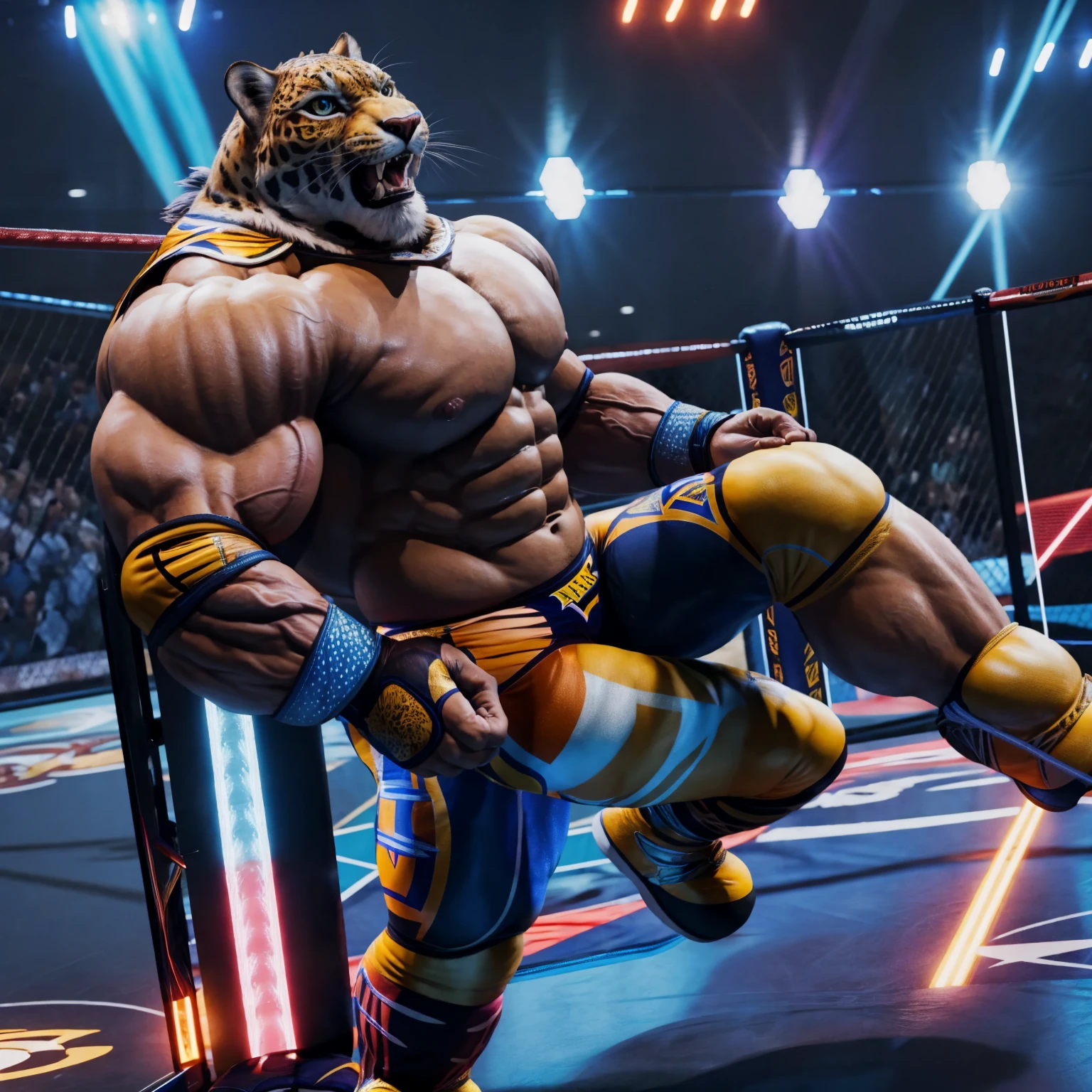 Solitary, male, male focus, king_Tekken 8, king from Tekken, Muscular male, Wrestling Clothes, Practical skin, nipple, vein, Handsome, detailed, detailed muscles, detailed eyes, detailed body, whole body, masterpiece, Movie, photoPractical, Practical, beautiful, ultra-Practical, 8K, light, dramatic light, Center, permanent, bending, posture, ((Wrestling Ring)),