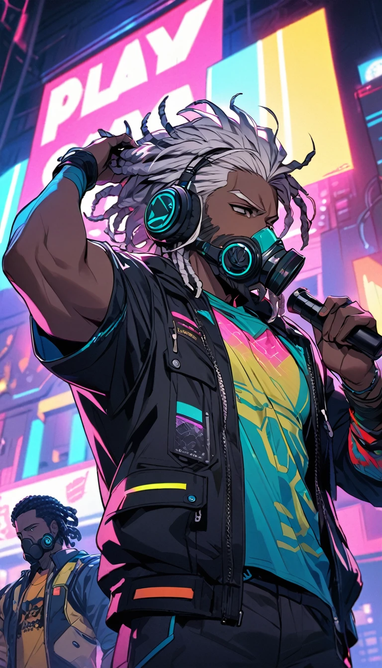 Handsome, single, muscular, clearly tattooed, male, black eyes, beard, Dreadlocks hairstyle, dark skin, white hair, headphones, neon colored sci-fi robot suit. Mixes sci-fi and neon tones. Behind it is a robot with neon lights. In the background, a large robot was clearly singing on stage. Wear a gas mask, neon shirt, wear a gas mask, play music, play a large electric drum.