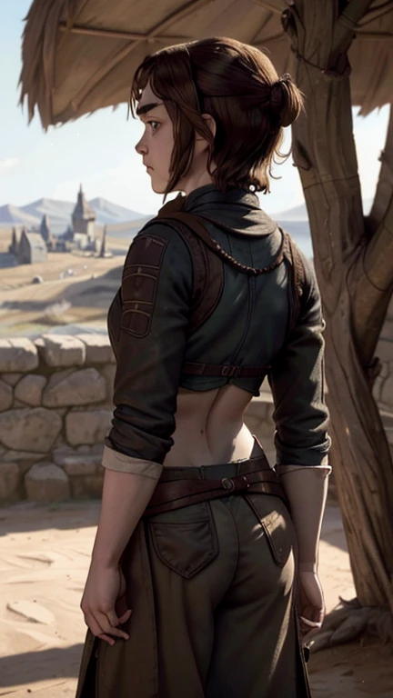 8k, Maisie Williams face, pale skin, toned abs, small breast, round ass, her round ass visible, brown hair, Maisie Williams as Arya Stark, torn ragged peasant clothes, standing stance, winterfell in background, back View