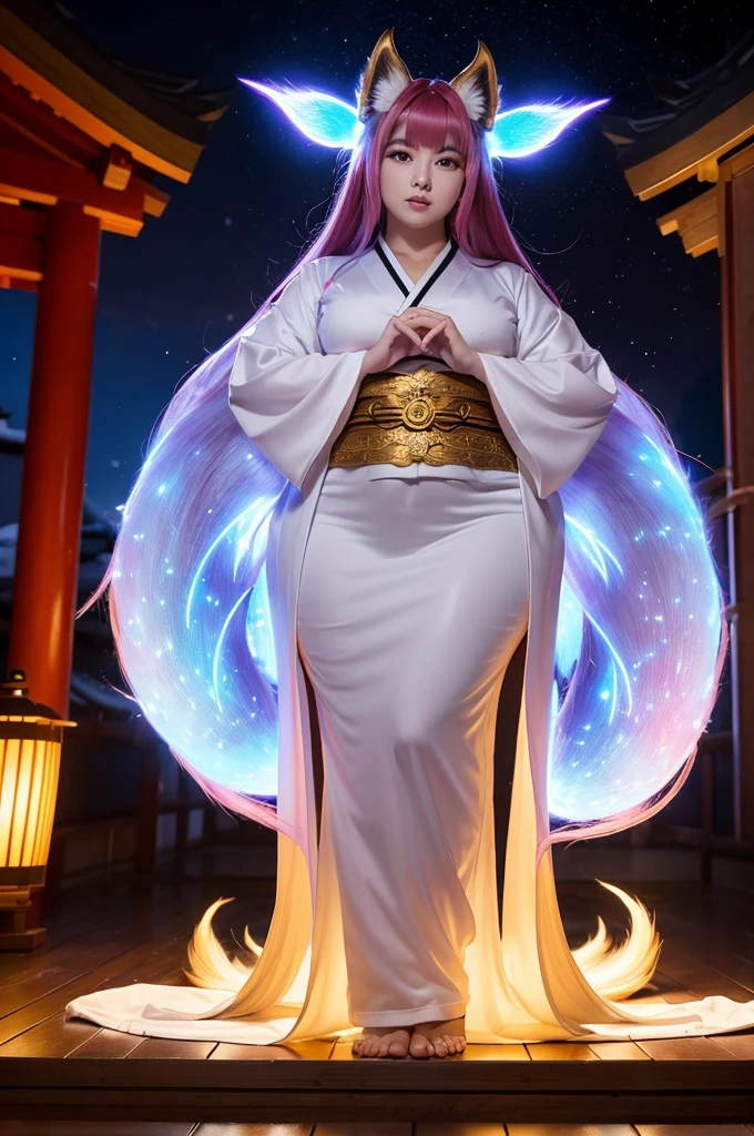 1. "A stunning, majestic female character named nine tail flower (Kyubi no Hana) with an extremely voluptuous, curvaceous, and ultra-chubby body. She has long silver hair, large golden eyes with slit pupils, and a face radiating elegance. She is dressed in a luxurious kimono with golden embroidery and a fox crest on the obi. Behind her, nine large, glowing, and majestic tails spread out gracefully, each tail emphasizing her supernatural beauty and power."
2. "Kyubi no Hana stands in front of an ancient Shinto shrine deep in the mountains, surrounded by blooming cherry trees. Her extremely voluptuous, curvaceous, and ultra-chubby figure exudes overwhelming power and grace. Nine large, glowing tails spread out behind her, each tail emphasizing her divine presence. Soft light particles float around her, symbolizing her immense power. At night, her nine tails emit a mystical glow, enveloping the shrine in an ethereal light."
3. "Kyubi no Hana, with her extremely voluptuous, curvaceous, and ultra-chubby body, stands with authority and kindness in front of a majestic shrine. Her nine large, glowing tails create an ethereal atmosphere as she raises her hand to form a spiritual barrier, protecting the shrine from evil. The nine tails behind her are a clear and powerful symbol of her supernatural strength and beauty."