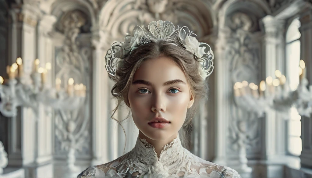 commercial photo of model half body portrait of a young beautiful bride symmetrical face, steel wool photographic effect, Baroque, Rococo, Surrealism, unreal engine, all white all-white floral carving panels on the walls as background, intricate complexity high resolution, whimsically designed, portrait of a young beautiful bride, symmetrical face, perfect lighting, photorealistic 32K UHD, Pentax K-1 Mark II, Nikon AF-S Nikkor 14-24mm f/2.8G ED --ar 16:9 --style raw --v 5.1 --s 750 --q 2