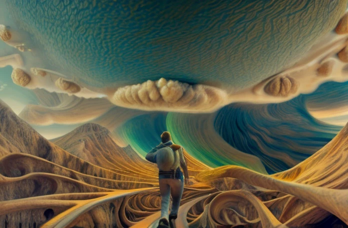  an intricate cloud system is shaping the figure of the spirit of the aethyr, a wanderer is walking with his luggage, male, scintillating intelligence,dominant  pale yellow, sky blue, blue emerald green and emerald flecked gold color tonality, fractal, brilliant colours, masterpiece, highly detailed, 4k resolution,  3d modelling, digital art