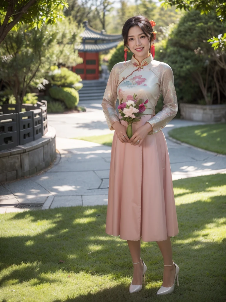 最high quality, 8K, Masseter area, Energetic, Clear focus, high quality, high resolution, Delicate face, Fine particles, thick lips, (Looking at the audience), Solitary, Beautiful woman, 38 years old, Plum, Black hair,  (Light-colored new Chinese cheongsam skirt:1.5), afternoon、In front of the park garden,（Standing in the park：1.5）、((Smile:1.5))、((Wearing black high heels))