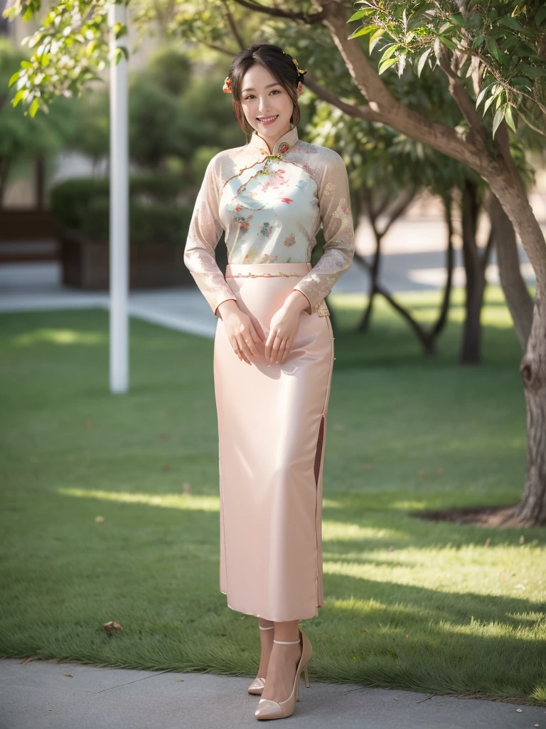 最high quality, 8K, Masseter area, Energetic, Clear focus, high quality, high resolution, Delicate face, Fine particles, thick lips, (Looking at the audience), Solitary, Beautiful woman, 38 years old, Plum, Black hair, (Light-colored new Chinese cheongsam skirt:1.5), afternoon、In front of the park garden,(Standing in the park:1.5)、((Smile:1.5))、((Wearing black high heels))