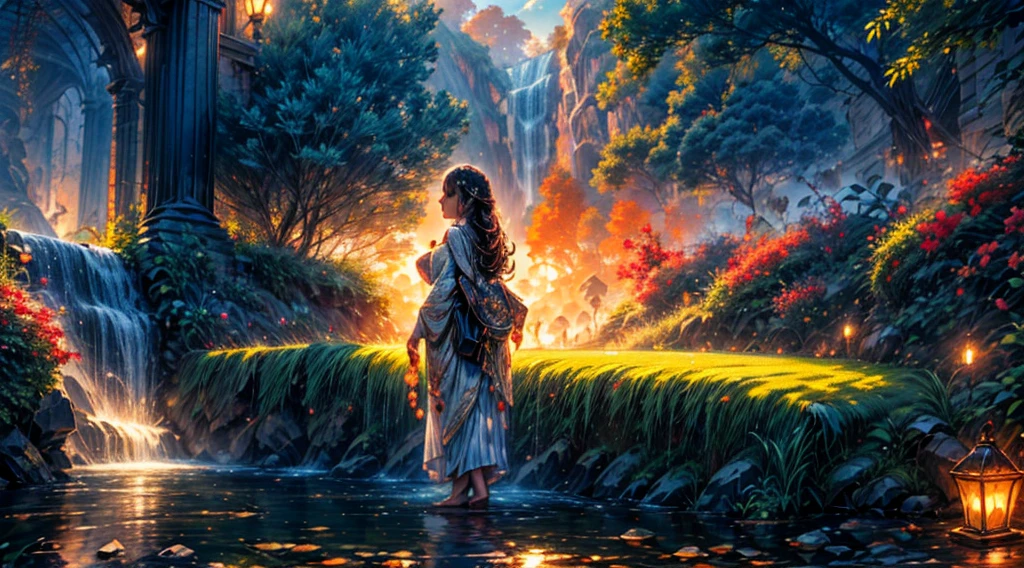 1 girl junkotvv cabello negro orejas de gato y flequillo, ojos rojos, (The best quality,4k,8k,High Resolutions,Masterpiece:1.2),ultra detailed,(realist,fotorrealist,fotorrealist:1.37),Island floating in the sky with waterfalls in the void and gardens above the clouds,illustration,Crystal clear waterfalls,Surrounding vegetation,Beautiful and lush gardens,bright sunlight,ethereal atmosphere,vibrant colors,suave, Dreamy lighting,Lush and tropical plants,Impeccable attention to detail,Serene and peaceful mood,Elevated perspective,Breathtaking view