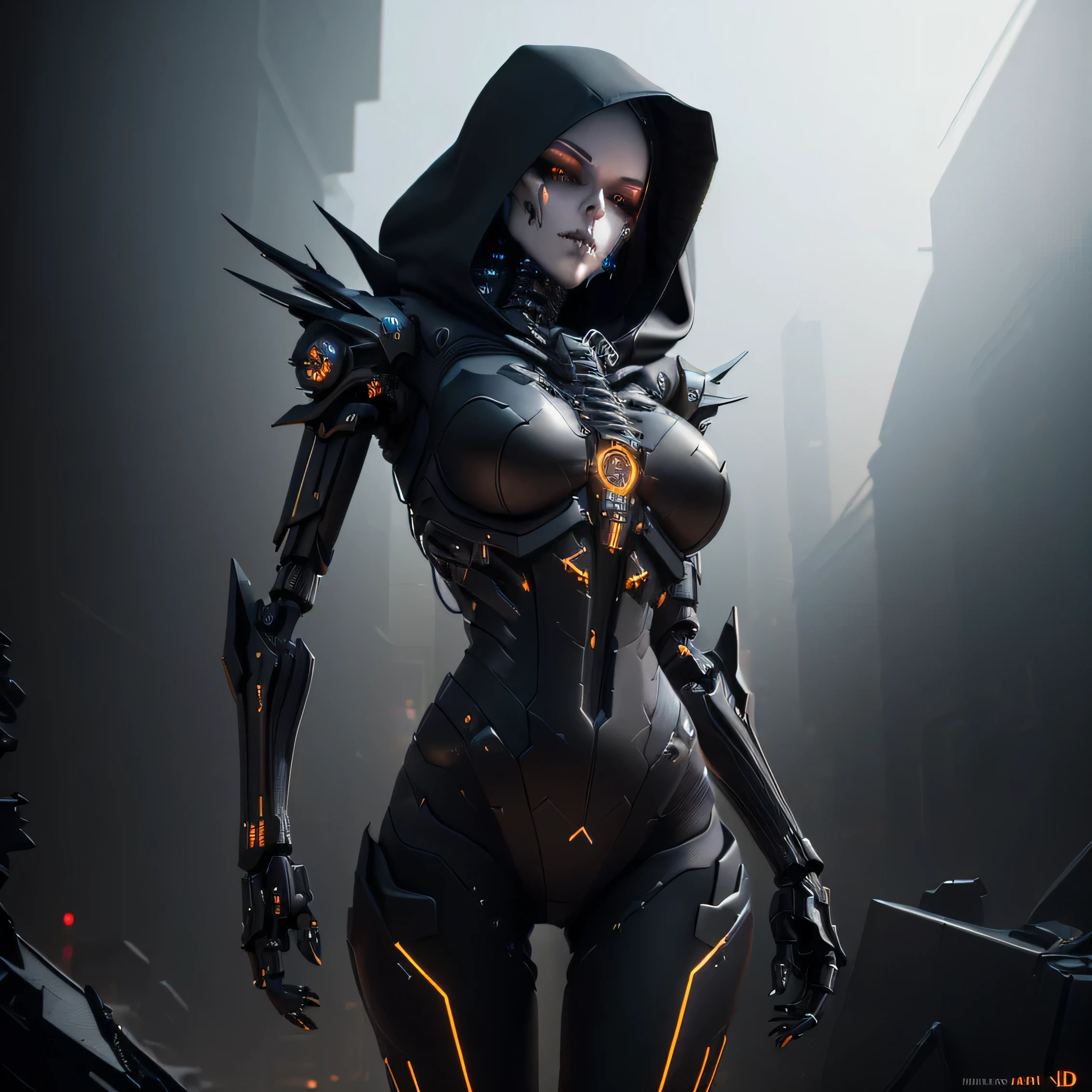 a close up of a person in a costume with a hood on, cyberpunk skeleton, cyber skeleton, portrait of a cyber skeleton, goddess of death, ultra detailed female android, dominatrix assassin robot, cybernetic and highly detailed, 3 d render character art 8 k, unreal engine render + a goddess, detailed humanoid, goth cybersuit, saint skeleton queen
