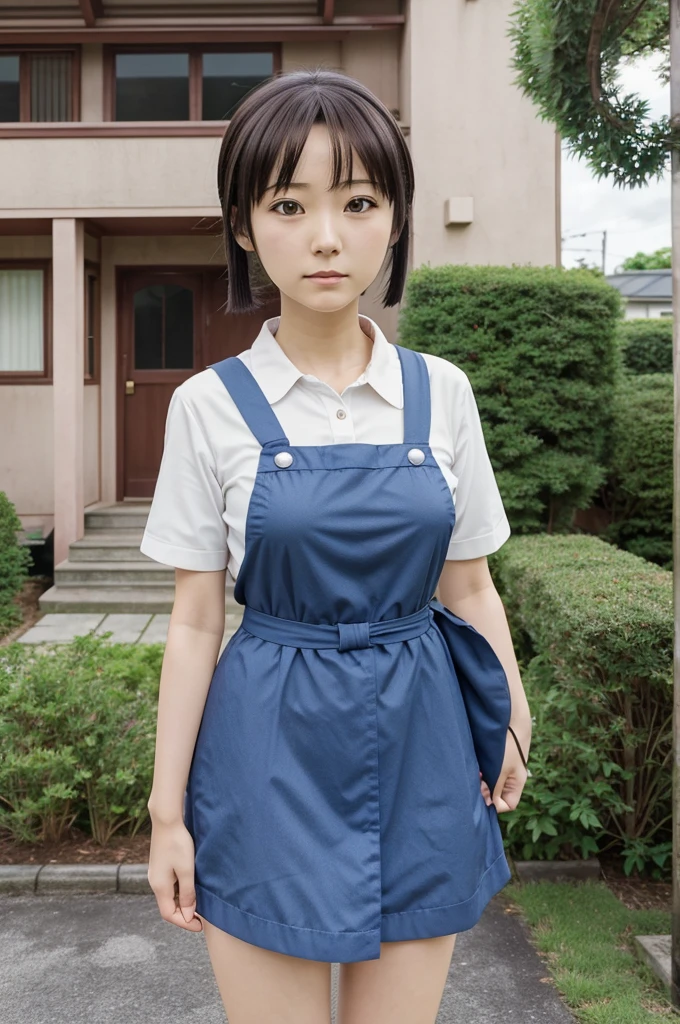 anime characters are standing in front of a house with a woman, nichijou, style in ghibli anime, close up of lain iwakura, close up iwakura lain, chihiro! fujisaki, close up of iwakura lain, style in ghibli anime style, safebooru anime image, maya takamura, iwakura lain
