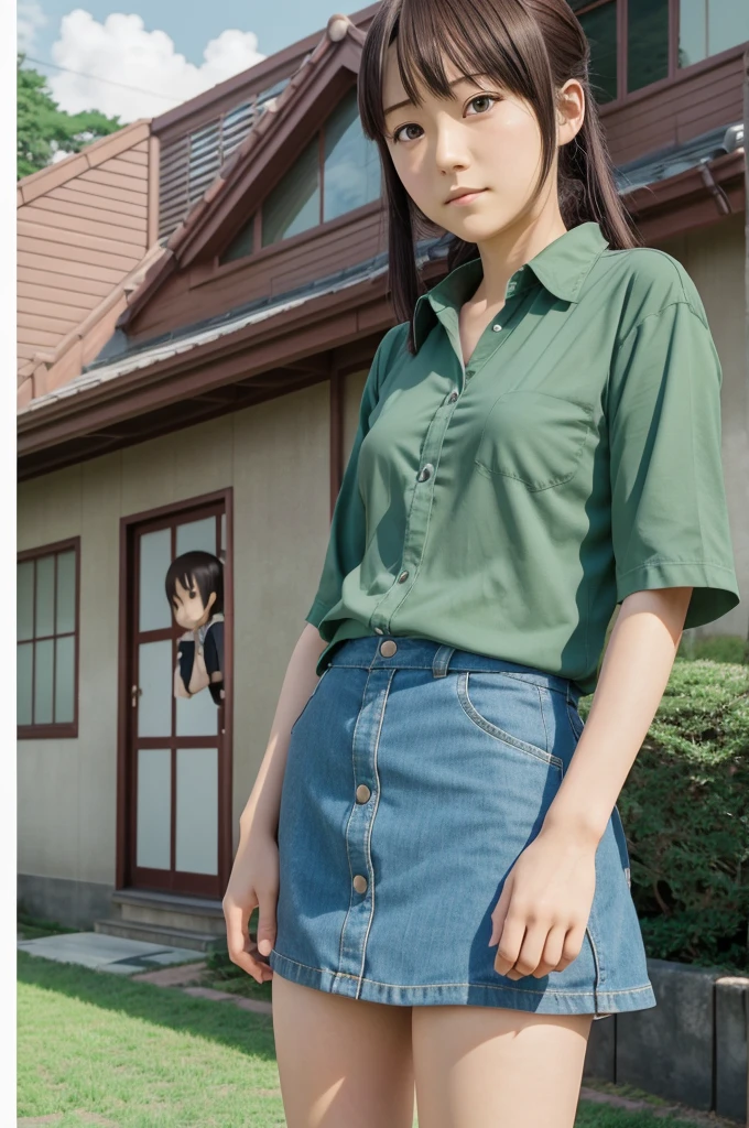 anime characters are standing in front of a house with a woman, nichijou, style in ghibli anime, close up of lain iwakura, close up iwakura lain, chihiro! fujisaki, close up of iwakura lain, style in ghibli anime style, safebooru anime image, maya takamura, iwakura lain