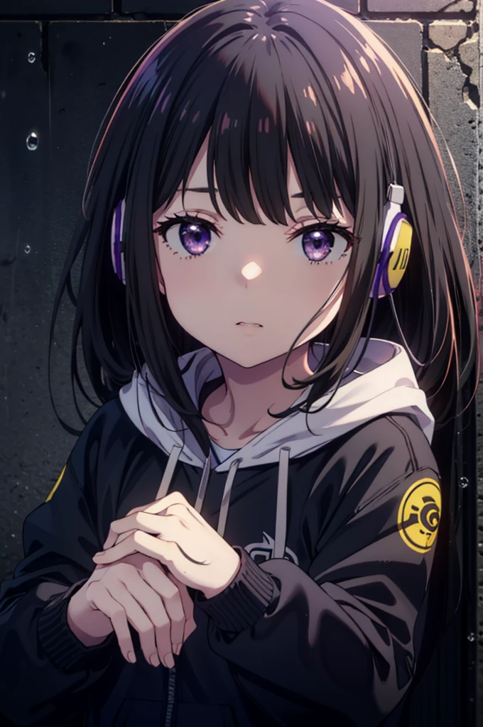 Takiuchikami, Check it out, Long Hair, bangs, Black Hair, (Purple eyes:1.2),Oversized blue hoodie,Wired headphones,Wearing a hoodie hood,jeans,High-top sneakers,Leaning against the wall,Hiding in a roofed building,whole bodyがイラストに入るように,rain,cloudy,night,
break outdoors, Building district,
break looking at viewer, whole body,
break (masterpiece:1.2), Highest quality, High resolution, unity 8k wallpaper, (figure:0.8), (Beautiful attention to detail:1.6), Highly detailed face, Perfect lighting, Highly detailed CG, (Perfect hands, Perfect Anatomy),