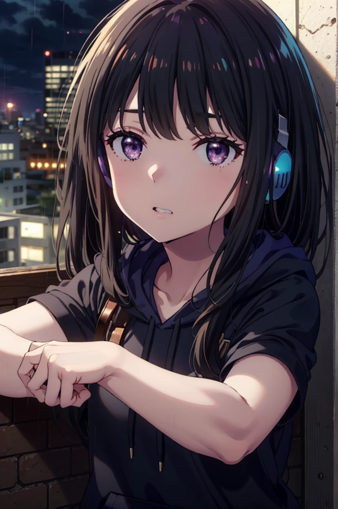 Takiuchikami, Check it out, Long Hair, bangs, Black Hair, (Purple eyes:1.2),Oversized blue hoodie,Wired headphones,Wearing a hoodie hood,jeans,High-top sneakers,Leaning against the wall,Hiding in a roofed building,whole bodyがイラストに入るように,rain,cloudy,night,
break outdoors, Building district,
break looking at viewer, whole body,
break (masterpiece:1.2), Highest quality, High resolution, unity 8k wallpaper, (figure:0.8), (Beautiful attention to detail:1.6), Highly detailed face, Perfect lighting, Highly detailed CG, (Perfect hands, Perfect Anatomy),