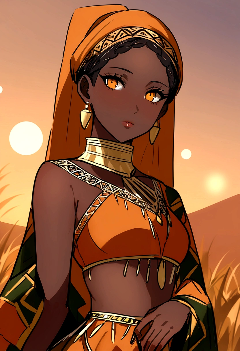 Senegalese African woman ((best qualityer)), ((work of art)), (ultra detali), high qualiy, Dressed in sexy African clothing with an African fashion headscarf ,high and intricate details, natural lighting, Outdoors in the African savannah, warm colours, (bokeh), (sharp focus on the eyes), (high detail face, texture skin),