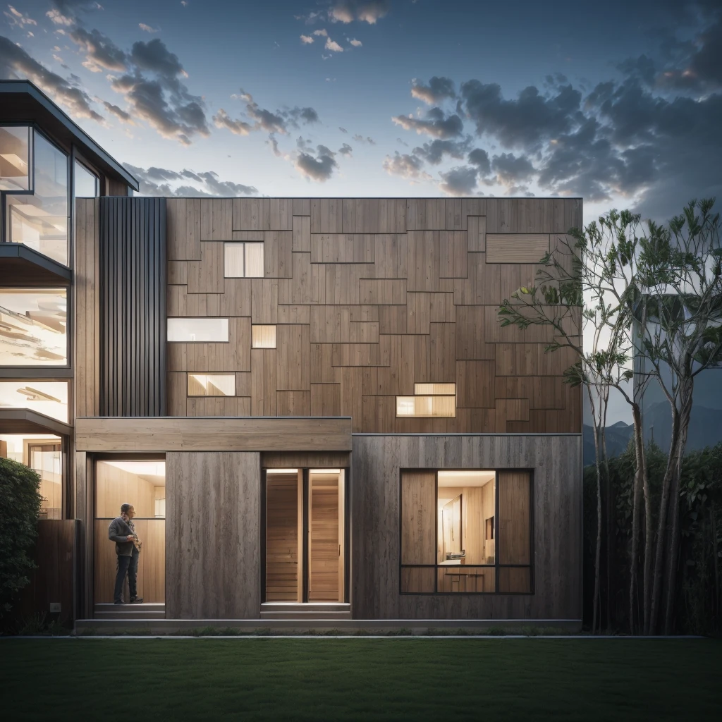 photorealistic, modern house,facade,modern,512k,high detailed, photoreal, award winning, large glass window on the right side, wooden planks stacks on the upper floor on the left side, grass, plants, trees, evening, interior lights,((travertine stone façade))
award winning, extremely detailed,