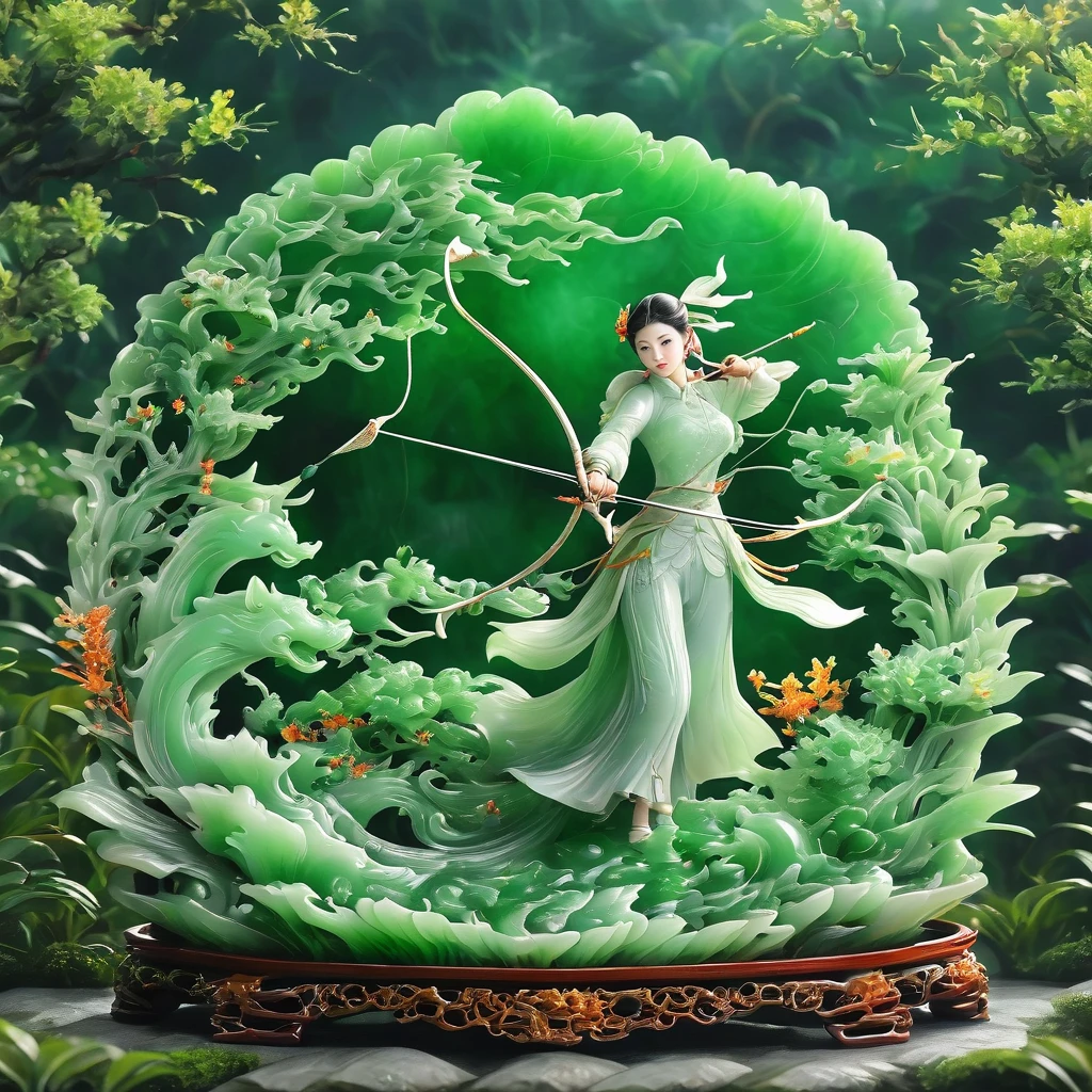best quality, very good, 16K, ridiculous, Very detailed, Gorgeous((( Archer 1.3))),Made of translucent jadeite, Background grassland((A masterpiece full of fantasy elements))), ((best quality)), ((Intricate details))(8K)
