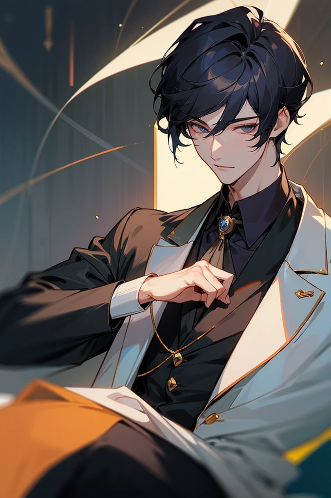 Close-up of a man in a suit sitting, Digital Art inspired by Zhang Han, Topics on pixiv, Digital Art, Anime Handsome Man, Handsome anime pose, Wearing a black aristocratic suit, Dark colored suit, Pin on anime, Beautiful androgynous prince, A delicate androgynous prince, Male Anime Style, Digital anime illustration, Male Anime Characters, manga