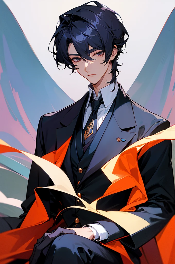 Close-up of a man in a suit sitting, Digital Art inspired by Zhang Han, Topics on pixiv, Digital Art, Anime Handsome Man, Handsome anime pose, Wearing a black aristocratic suit, Dark colored suit, Pin on anime, Beautiful androgynous prince, A delicate androgynous prince, Male Anime Style, Digital anime illustration, Male Anime Characters, manga