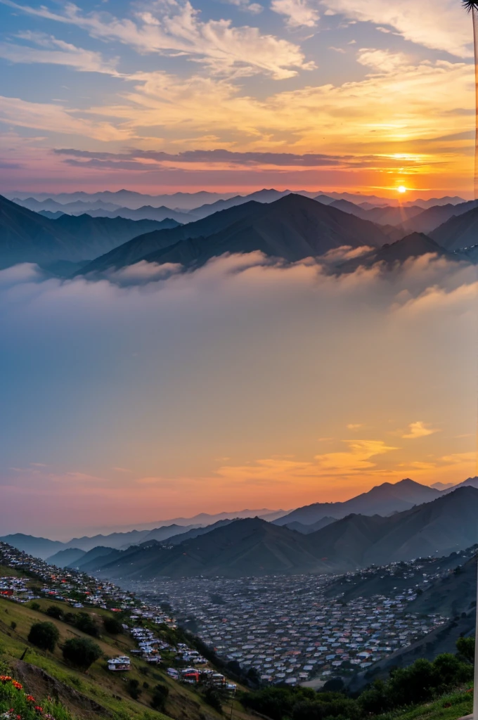 Hills, birds flying , prayer flag , sunset dusk