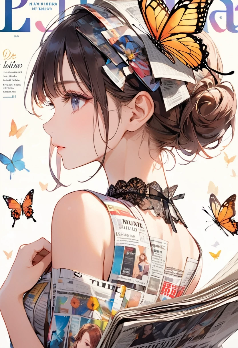 Side view girl, Solitary, Wearing a magazine cover dress, Delicate facial features and long eyelashes, A butterfly landed on her head, There were newspaper clippings all around.. Girl&#39;s face with realistic details, Bright colors，Clear focus. The overall image is a high-resolution masterpiece, Suitable for magazine cover. The art style is a mix of photography and concept art. Bright and eye-catching colors. The lighting is studio style, Soft lighting. Tips also include text and barcodes commonly found on magazine covers.