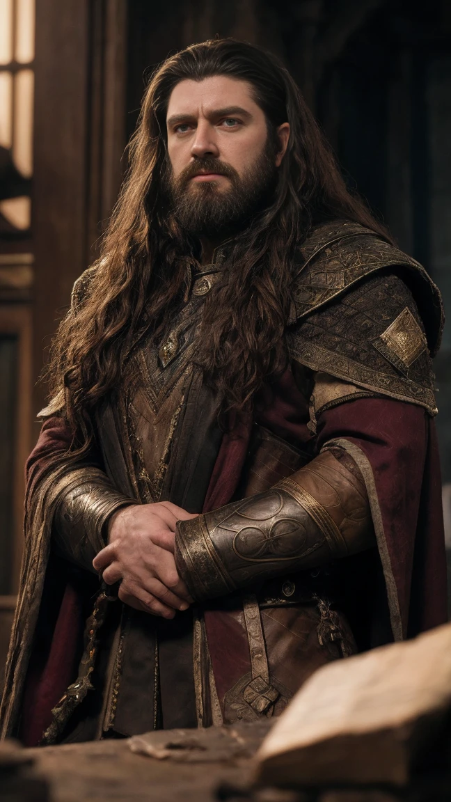 Thorin Oakenshield, dwarf of the clan of Durin, Dark wavy hair, cinematic, against the backdrop of Mount Erebor Fantasy