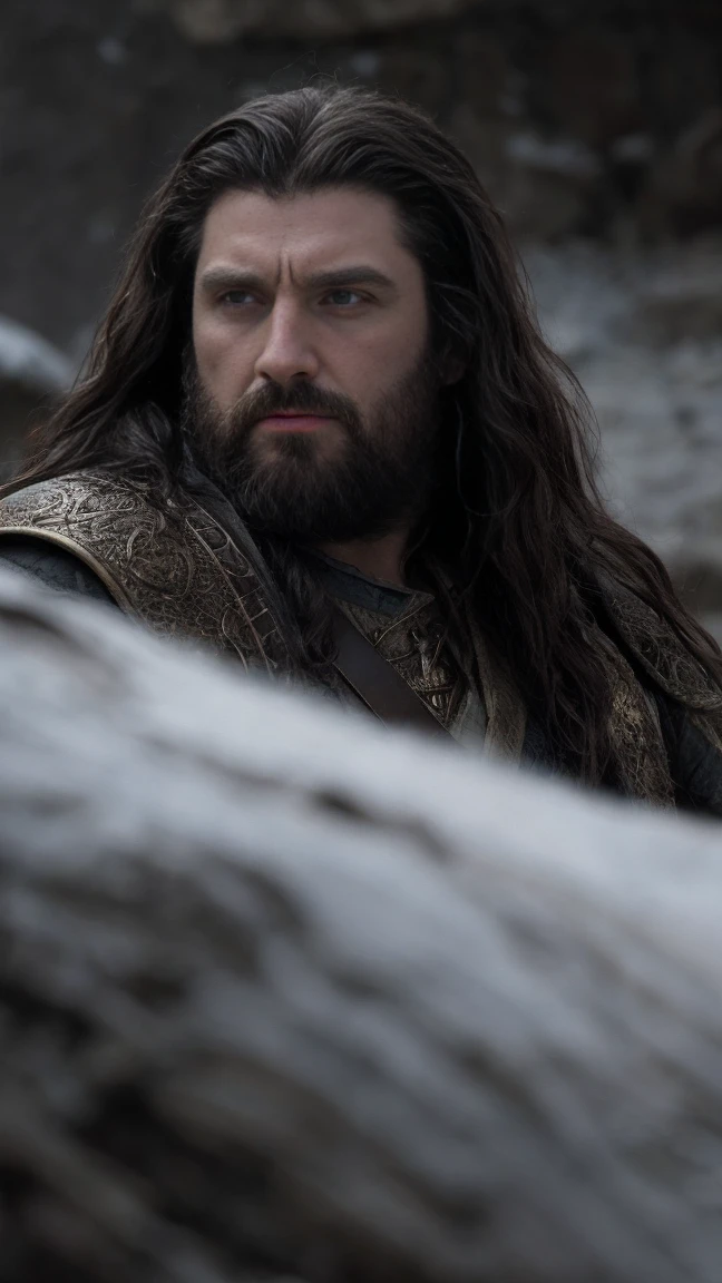 Thorin Oakenshield, dwarf of the clan of Durin, Dark wavy hair, cinematic, against the backdrop of Mount Erebor Fantasy