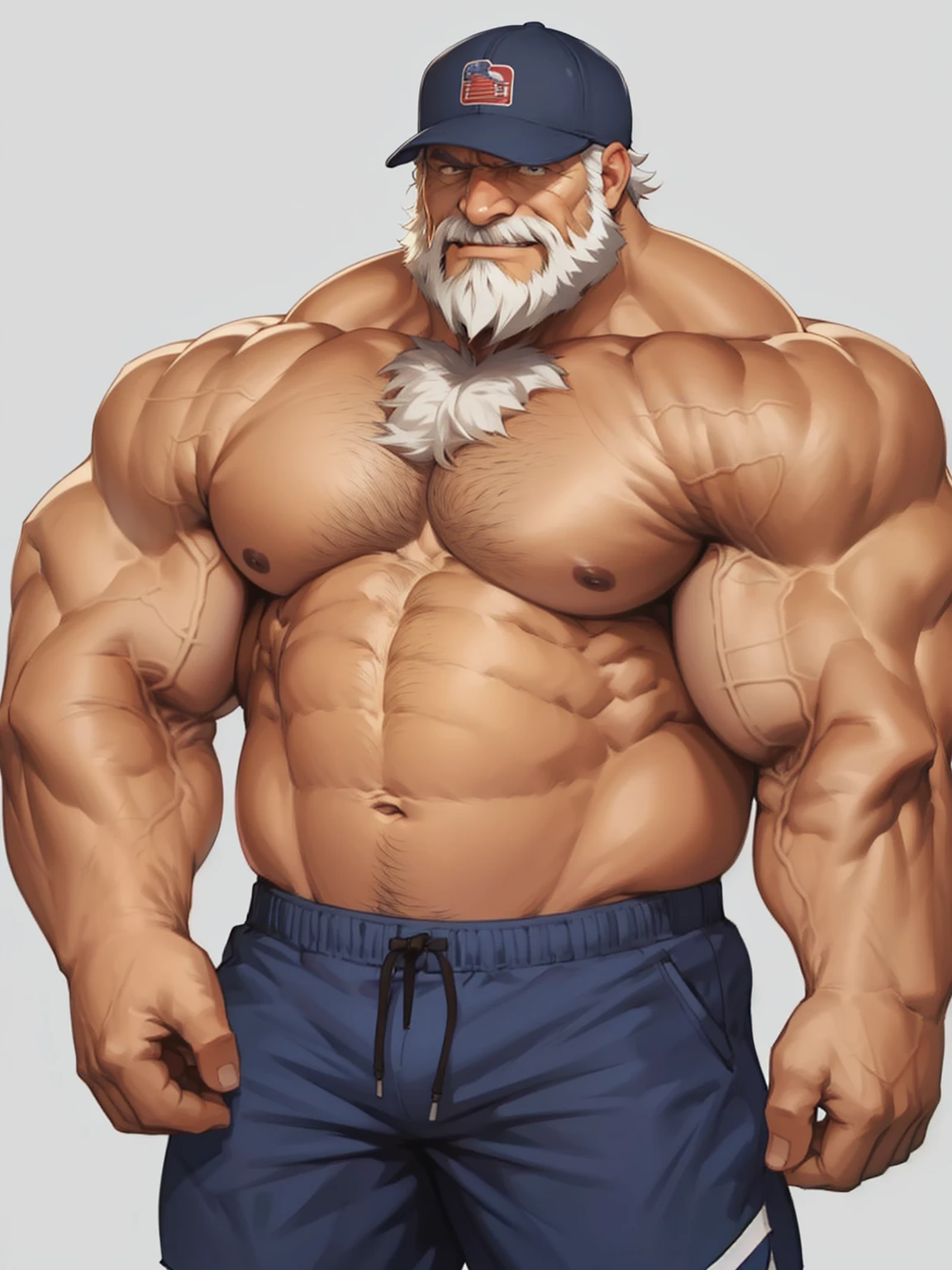 solo, 1boy, Huge Muscular Old man wearing baseball cap, right hand on head holding cap , pectoral, thick arms, huge pectoral, wide pectoral, short white hair, short pants and shirtless, bearded, simple background, masterpiece, high detailed, 8k, high resolution