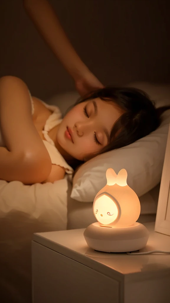A 6-year-old girl is lying on the bed, Holding a pillow，Night Light, Soft warm light, Warm Mood,  Beautiful soft light, Beautiful and lovely lighting, Warm ambient light, 