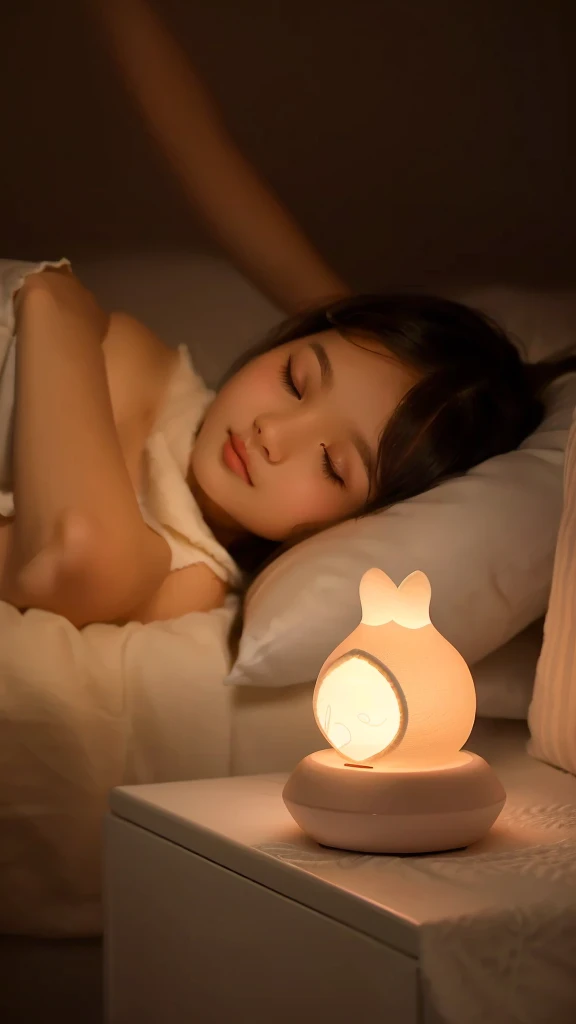 A 6-year-old girl is lying on the bed, Holding a pillow，Night Light, Soft warm light, Warm Mood,  Beautiful soft light, Beautiful and lovely lighting, Warm ambient light, 