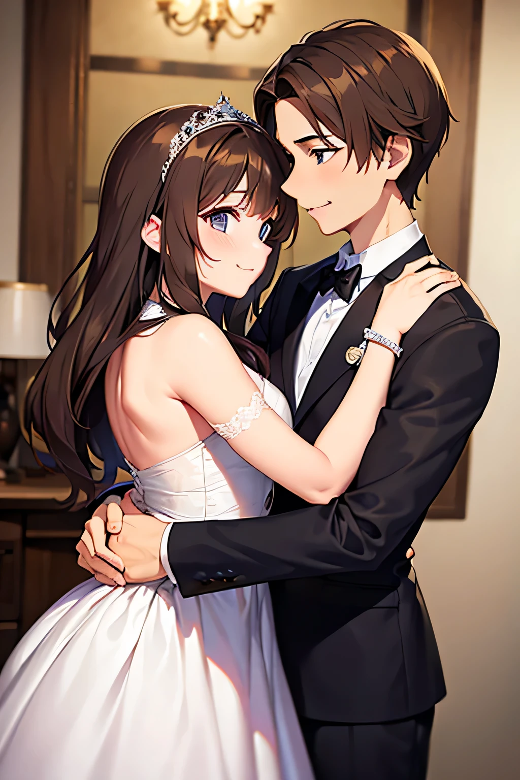 Brown haired milf princess, hugging a 17 year old gentleman dressed to the nines.
