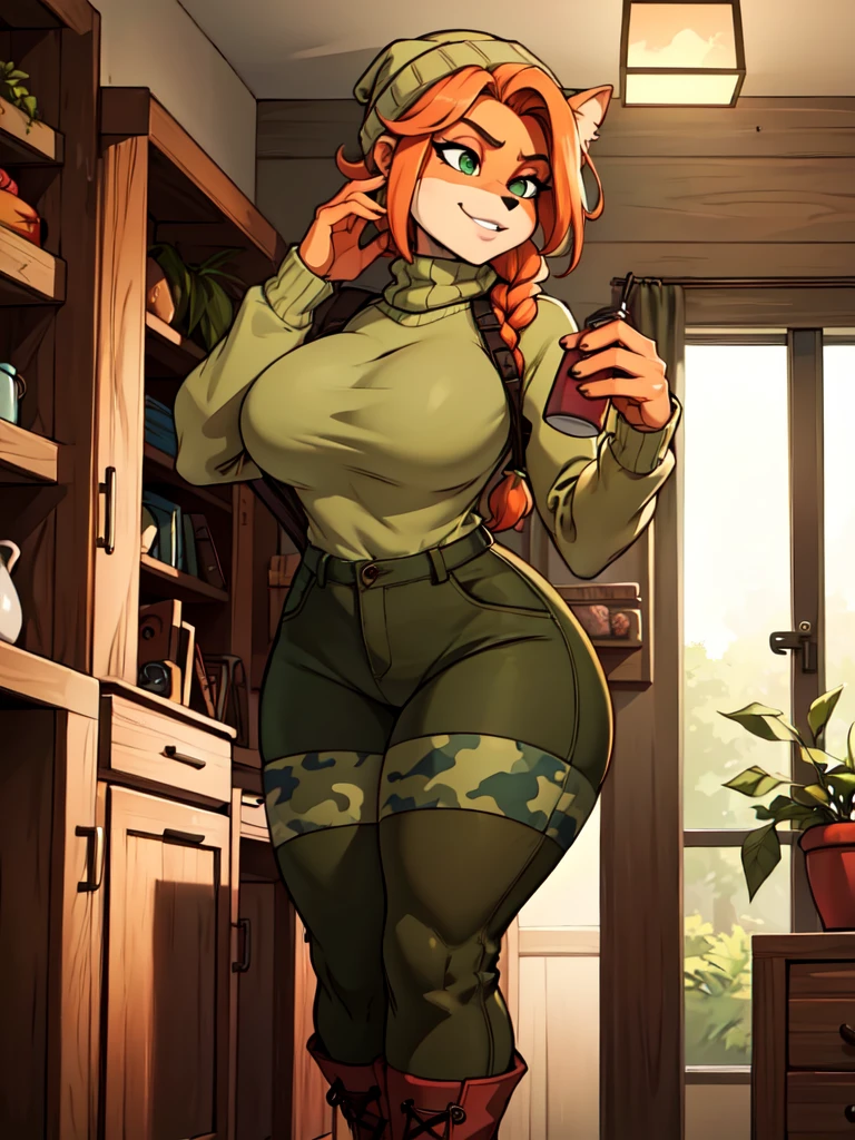 (best quality,4k,8k,highres,masterpiece:1.2),ultra-detailed,realistic:1.37,portrait, sancy anthro bandicoot girl redhead, braided hair, beautiful green eyes,  sexy ,seductive, warm sweater, beanie-balaclava, camouflage pants, army boots, smirking, cozy lighting, vibrant colors ,girl anthro , sweater, beanie-balaclava, camouflage pants, army boots, put on army combat boots
