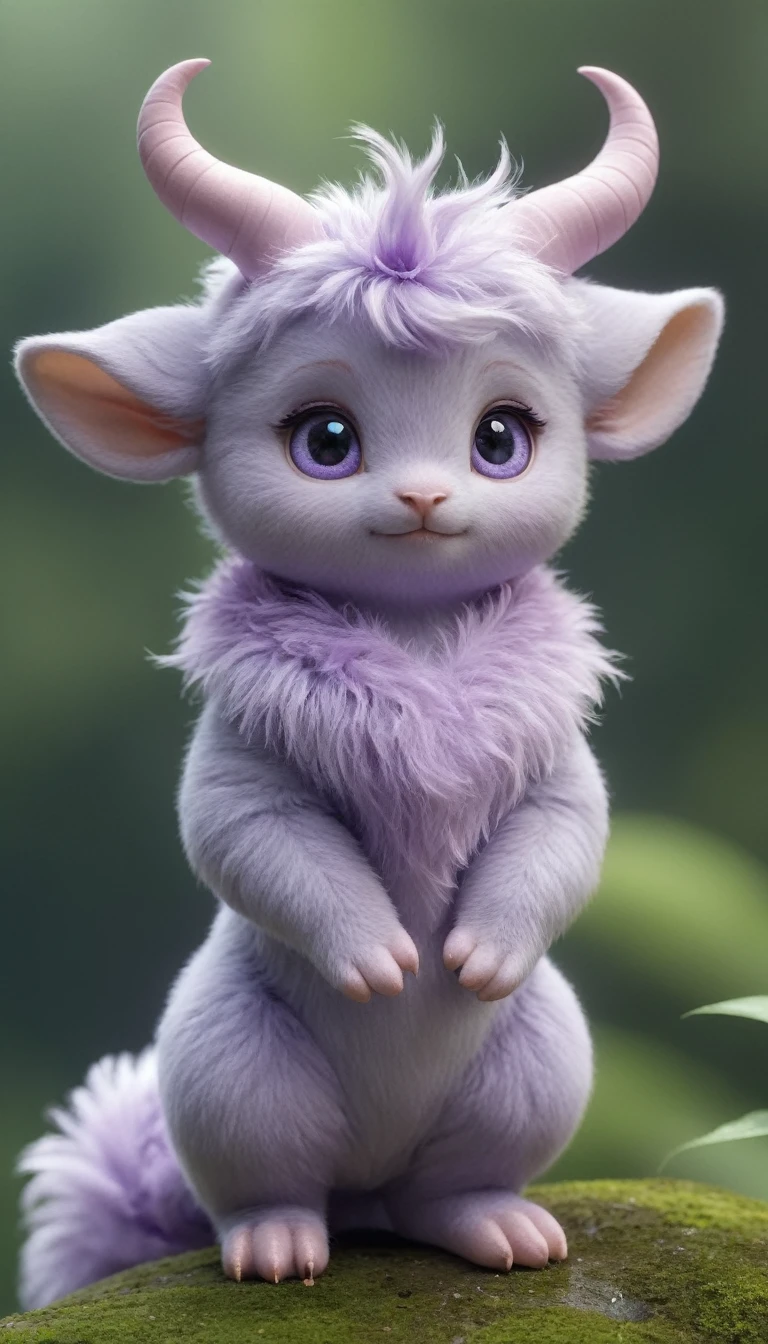 Cute unidentified creature、A soft, pastel lavender body、Cute eyes、Small ears、small limbs、Big feather、Sparkly spiral horns、Floating softly、Background: New Zealand、photograph、Highest quality、4K