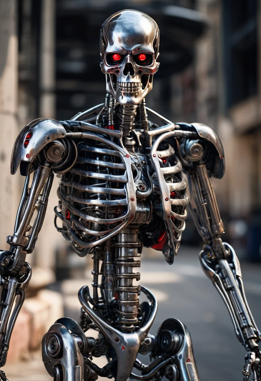 (((Full length photo))), Photo of a metal cyborg skeleton with red eyes, (Terminator T-800), The Skeleton of the Terminator, ((still from the film)), full length photo of a cyborg, The Terminator Without Flesh, ((Shiny metal texture)), ((real metal texture)), ((Shiny metal)), ((metallic glare)), ((clear metal structure)), (small parts), (Pistons), (wires), (machinery), (metal tubes), (Everything is visible), (hyperdetailing), Photorealism, perspective full frame, Professional photography, super detailing, Hasselblad H6D-(100C, with a professional-grade 50mm lens), wide aperture /1,4 and precise depth of field control, Ultra realistic, concept art, Photorealistic, Octane rendering, ultra quality, hyperdetailing, Cinematic shot, Clear Focus, (Sharp clarity, Ultra-sharpness, insanely detailed and complex),