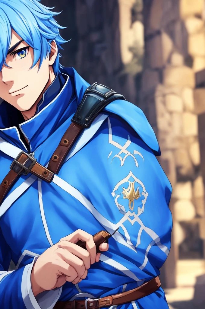 Highest quality, masterpiece, High resolution, alone, (Fire emblem),(FE Heroes_fin),Evening sky_background,Middle Age_male,(smug face),(blue_Hair Color), (Eye color_ダークblue),4K, masterpiece,, alone, 1,whole body,looking at the camera, Fumaru,(blue_coat)Sharp Eyes,(Full Finger), (gun_Swing up), (The finer details), (Anatomically correct), (映画のbackground), Hyper Detail, (Subtle details), (Intricate details)
