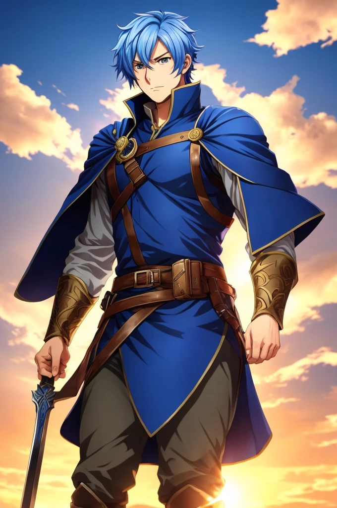 Highest quality, masterpiece, High resolution, alone, (Fire emblem),(FE Heroes_fin),Evening sky_background,Middle Age_male,(smug face),(blue_Hair Color), (Eye color_ダークblue),4K, masterpiece,, alone, 1,whole body,looking at the camera, Fumaru,(blue_coat)Sharp Eyes,(Full Finger), (gun_Swing up), (The finer details), (Anatomically correct), (映画のbackground), Hyper Detail, (Subtle details), (Intricate details)