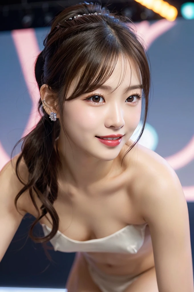 (masterpiece:1.3), high resolution, ultra detailed, extremely detailed CG unity 8k wallpaper, realistic, photo-realistic, RAW photo, beautiful detailed face, pale skin, realistic glistening skin, detailed cloth texture, detailed hair texture, Perfect body, Beautiful Face, accurate, Anatomically correct, Highly detailed face and skin texture, natural neck length, (beautiful hands), (fair skin:1.1), (well-aligned teeth:1.1), (Sweaty skin:1.2),
BREAK,
Detailed eyes, symmetric eyes, Light Brown eyes, Double eyelids, Thin eyebrows, (Glossy lips:1.4), ((A face with waiting for a kiss:1.2)), (blush:1.1), (A sparkling small hair accessory:1.1), (beautiful smile:1.1), (having microphone:1.3),
BREAK,
(A classy and Cute idol:1.3), (nude, nsfw, nipple:1.4),
BREAK,
medium large breasts, slender figure, firm abs,
((ponytail, black hair, bangs:1.2)), (cowboy shot:1.2), (looking at viewer), cowboy shot, From above,
BREAK,
(singing on stage:1.3),