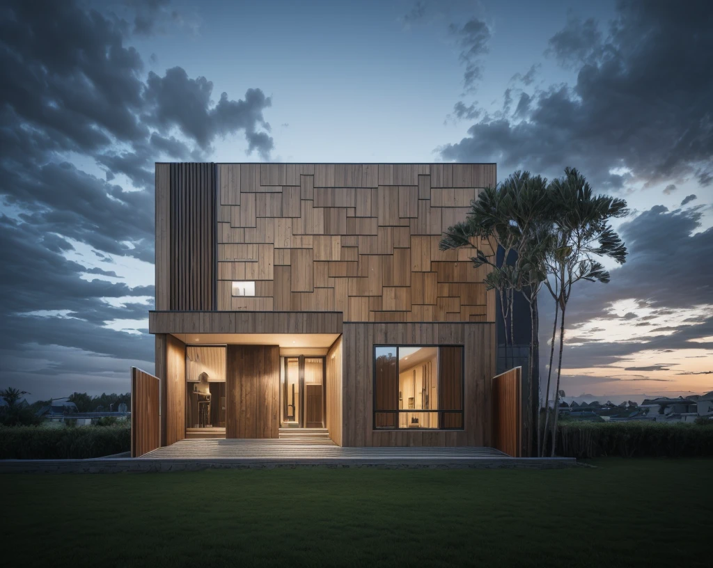 photorealistic, modern house,facade,modern,512k,high detailed, photoreal, award winning, large glass window on the right side, wooden planks stacks on the upper floor on the left side, grass, plants, trees, evening, interior lights,((travertine stone façade))
award winning, extremely detailed,